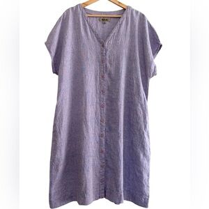 FLAX Purple Linen Dress Oversized Button Up Pocket Lagenlook Cottagecore Artsy M